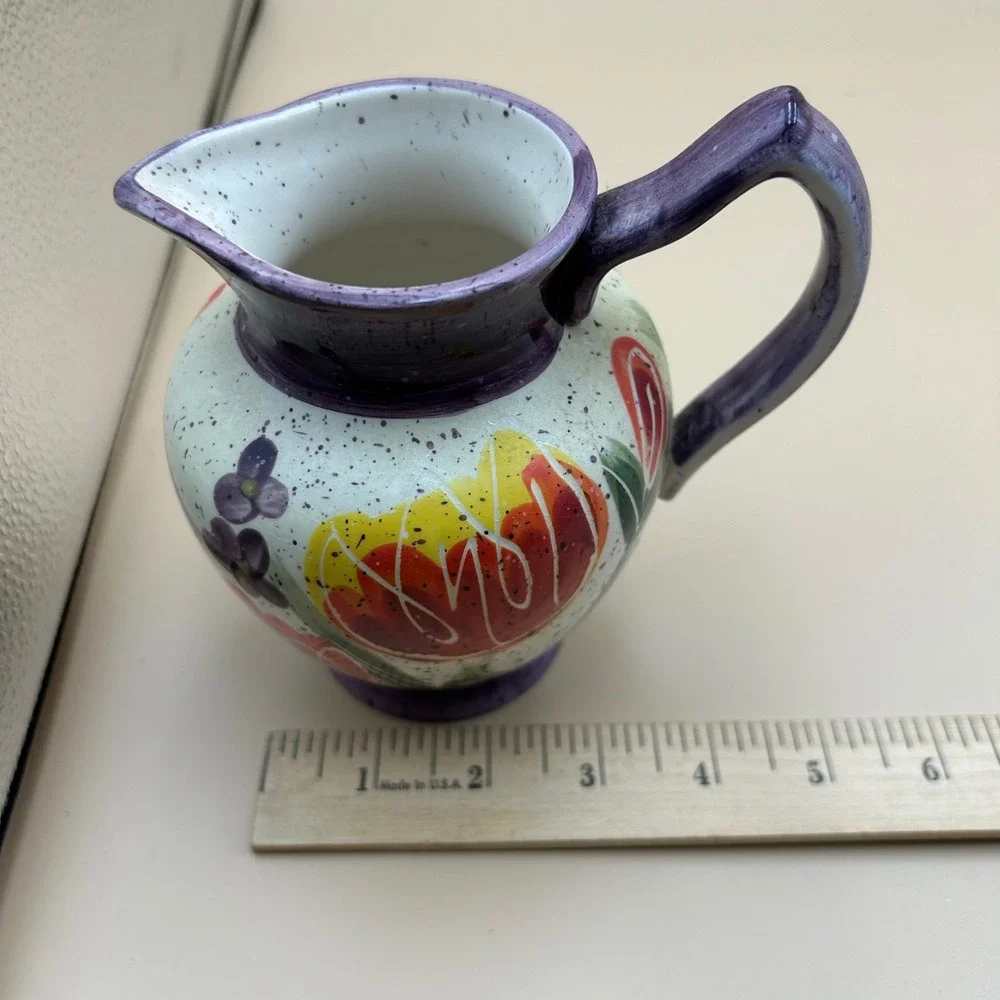 Julie Ueland Enesco Ceramic Pitcher Floral Tulip Purple Hand Painted 2000 Vtg